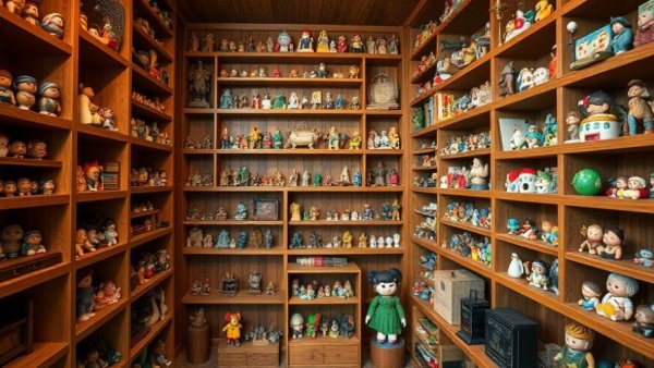 Extensive miniature collection displayed on wooden shelves, showcasing diverse figurines.