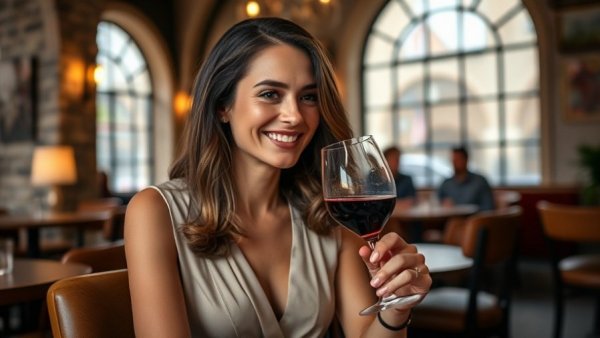 Elegant woman savoring wine in San Antonio restaurant.