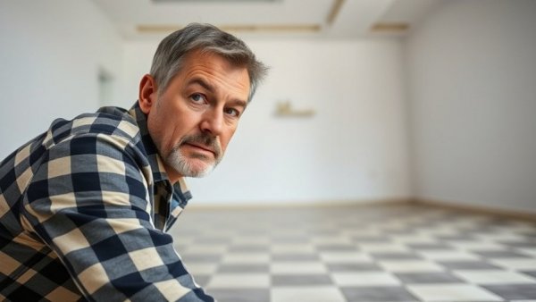 Man laying checkered tiles during home renovations in Omaha, February.