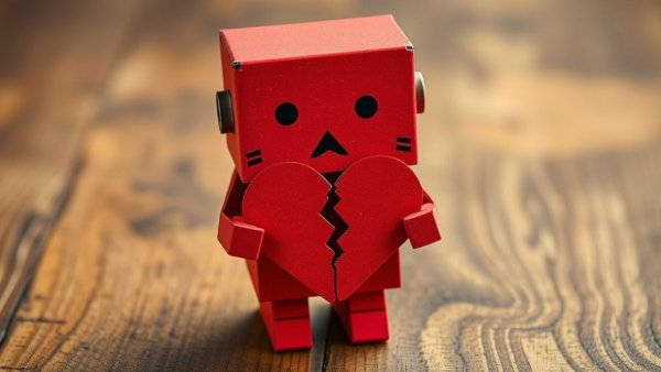 Sad cardboard robot holding a broken heart on wooden surface, illustrating emotions linked to the impact of retaliation on security clearances.