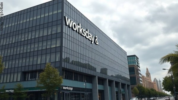 Workday headquarters front sign on a cloudy day.