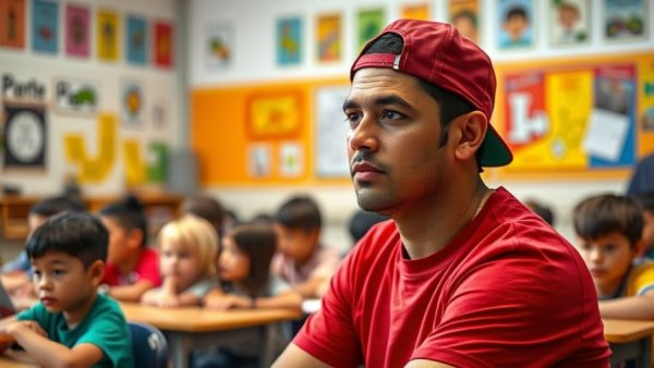 An adult among kids in a colorful classroom setting.