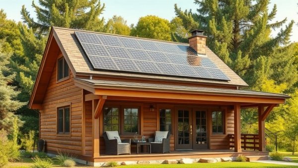 Wooden house with solar panels in New Hampshire, sunny day.