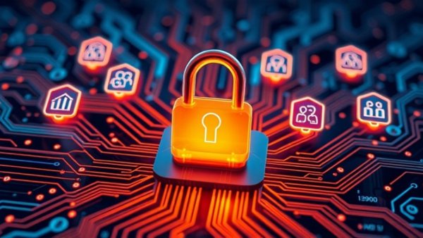 Futuristic AI security concepts with digital lock and icons, symbolizing AI in security careers.