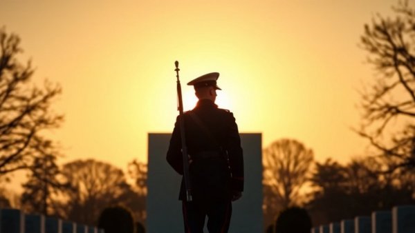 Tomb of the Unknown Soldier sentinel at sunrise, Arlington Cemetery.