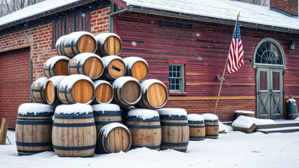 Snow-covered barrels in front of red brick building, winter scene.