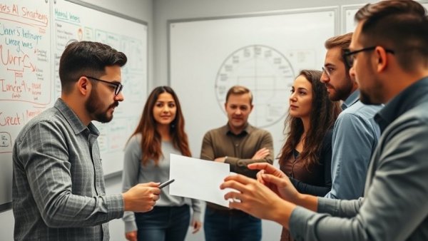 AI team collaboration on multi-agent systems, vibrant office environment.
