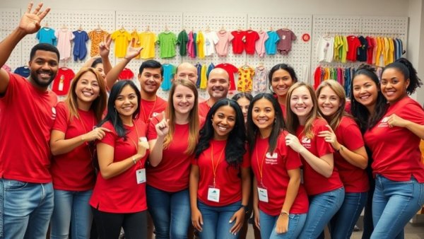 Smiling volunteers at San Antonio community event in a donation center.