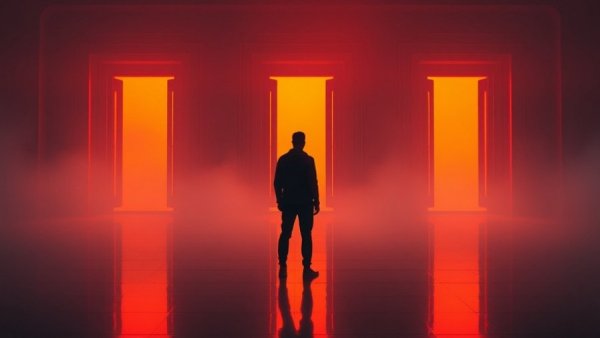 Futuristic scene with glowing doorways, reflecting HR technology concept.