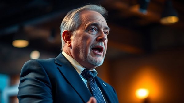 Older man speaking energetically with vibrant lighting indoors.
