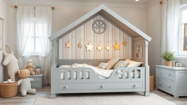Cozy toddler bed with plush toys in a pastel-themed room, highlighting toddler bed transition tips.