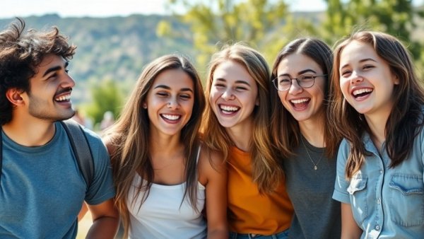 Teenage communication depicted by cheerful teens outdoors.