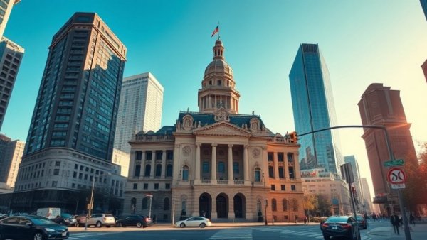 Courthouse building with cars on city street in afternoon light.