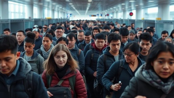 Crowded airport security line highlighting TSA delays.