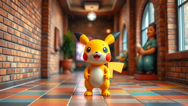 Cartoon character next to Pokémon statue in a vibrant space.
