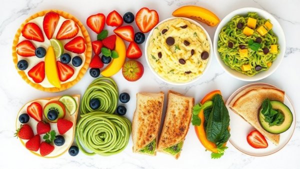 Colorful collage of healthy family meals with fruit pizza and green pasta.