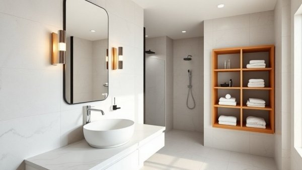 Chic modern bathroom with marble vanity and elegant decor.