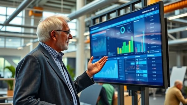 Man explaining data on a screen, embedding AI into daily workflows.