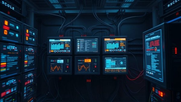 Illustration of AI governance framework with servers and screens.
