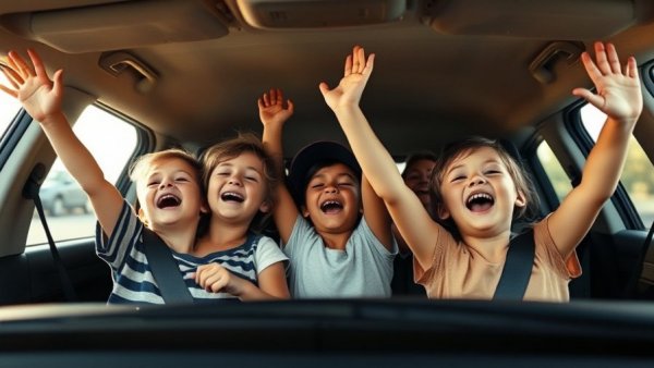 Joyful children enjoying songs for school commute in backseat.