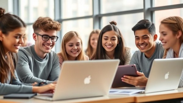 Students using laptops in a classroom embracing AI platform for school districts.