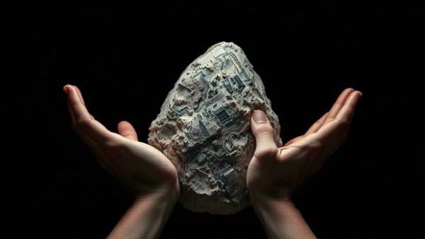 Surreal stone with circuit patterns and hands, symbolizing AI ethics.