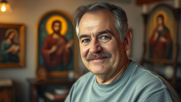 Middle-aged man smiling indoors near religious artwork