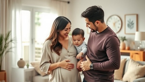 Young family discussing pregnancy tips in a cozy living room.