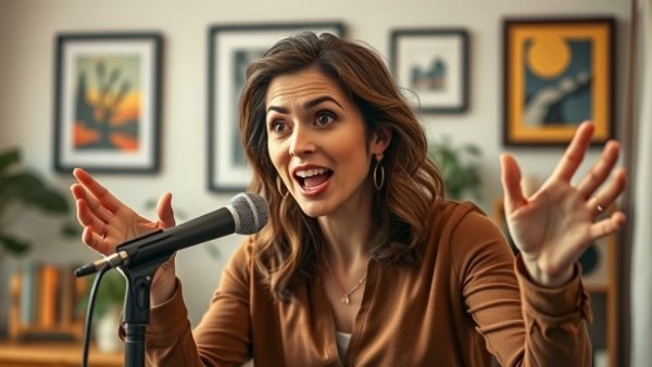 Animated woman discussing vestibular sensitivities in children during podcast.