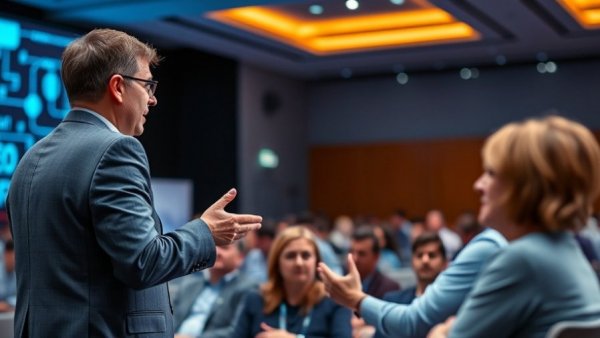 Professional speaker discussing future of work automation at conference.