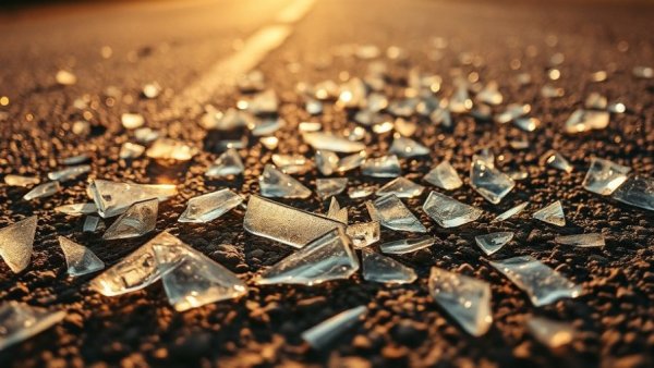 I-74 traffic closure due to weather highlighted by shattered glass on road.