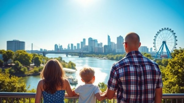 Family enjoying Omaha skyline, imagining their move, with clear skies.