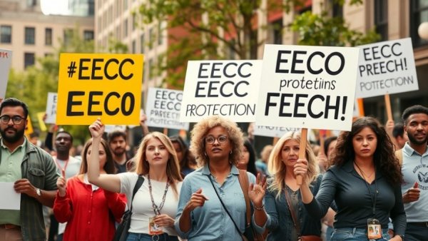 Protesters defend EEOC transgender rights with signs in urban setting.