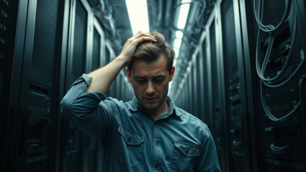 Frustrated man facing network issues in a server room.