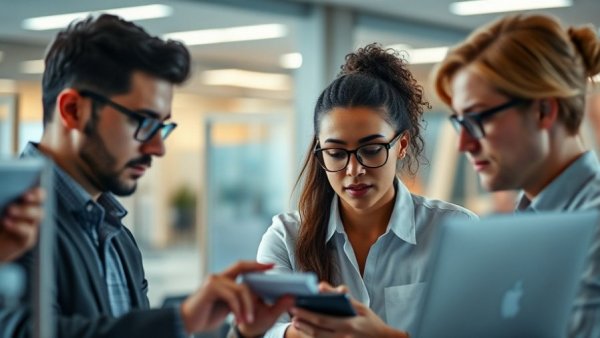 AI ethics in the workplace: professionals analyzing data in an office.