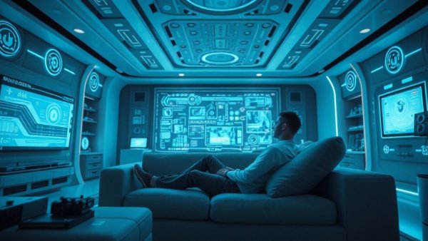 Futuristic A.I. smart home interior with digital interface.