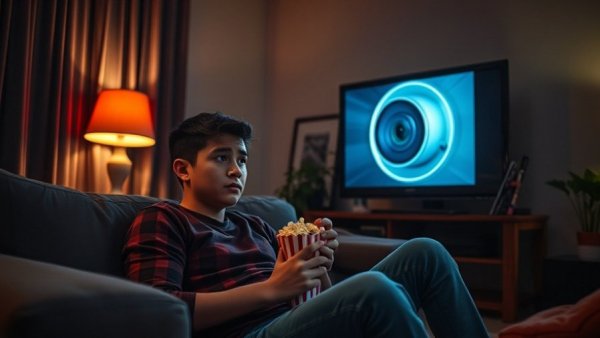 Man worried about smart TV privacy in dimly lit room.