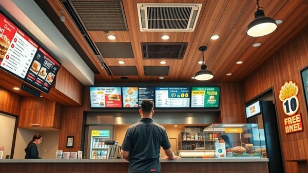 Fast-food restaurant interior with modern design and menu displays