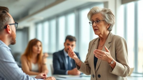 Older woman leading a discussion on business agility and AI adoption in an office.