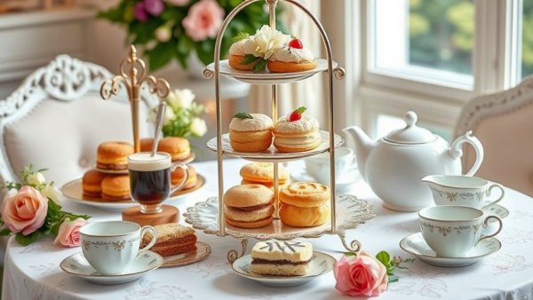High tea setup at San Antonio restaurants with pastries and coffee.