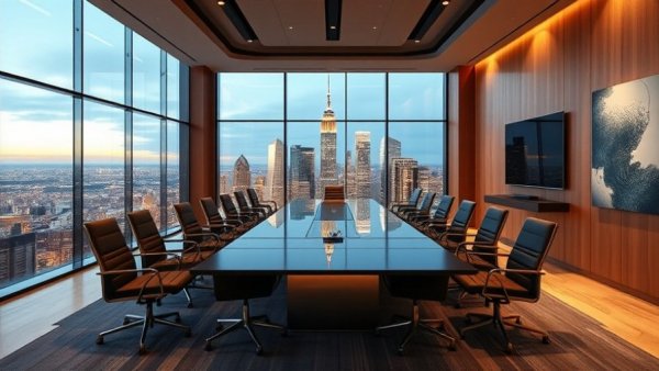 Alibaba Token Hub AI Division meeting room with city skyline view.