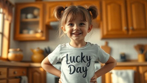 Young girl celebrating St. Patrick’s Day in a kitchen.