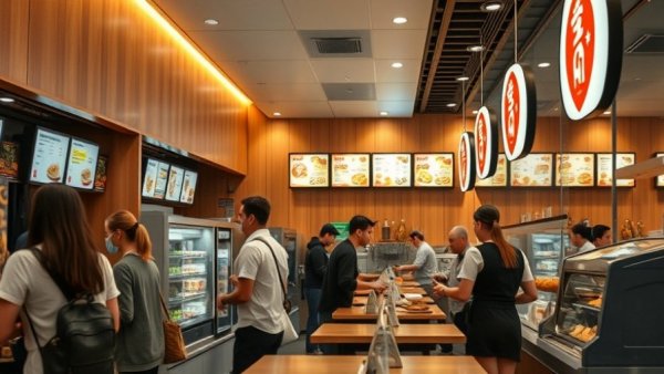 Casual restaurant interior with modern decor and digital menus.