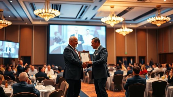 CSR and ESG Governance event award ceremony with speakers on stage.