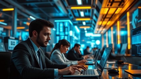 Futuristic office scene showcasing HR technology.