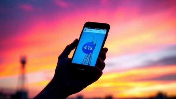 Smartphone with telecom logo against vibrant website and tower