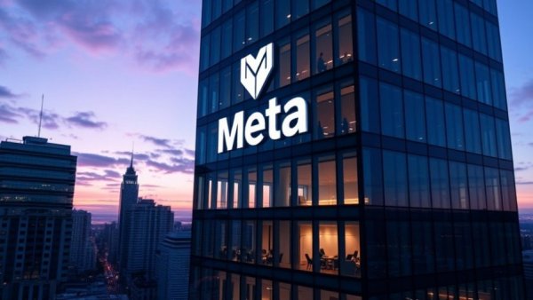 Meta office building backdrop at dusk showcasing interior lighting.