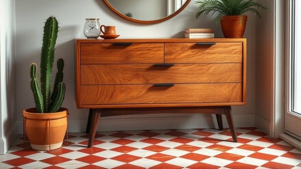 Stylish wooden dresser with vibrant flooring and decor