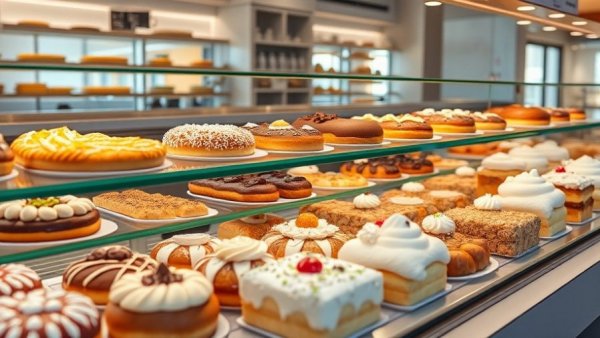 Colorful pastries in a bakery display reflecting a San Antonio festival atmosphere.