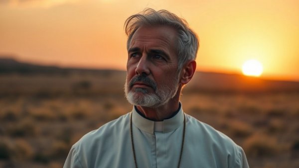 Contemplative cleric during sunset, cinematic reflection in filmmaking.